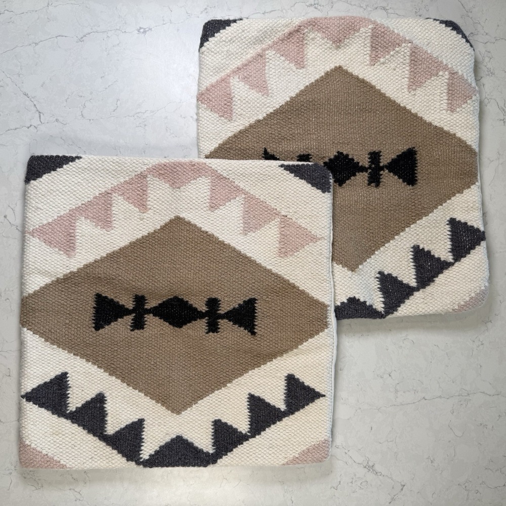 2 Vtg Kilim Pillow Covers India southwestern bohemian Aztec Rustic 18" X 18"